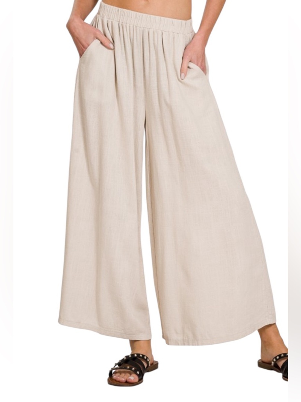Zenana Brown Wide Leg Linen blend Pants - Picture 4 of 5
